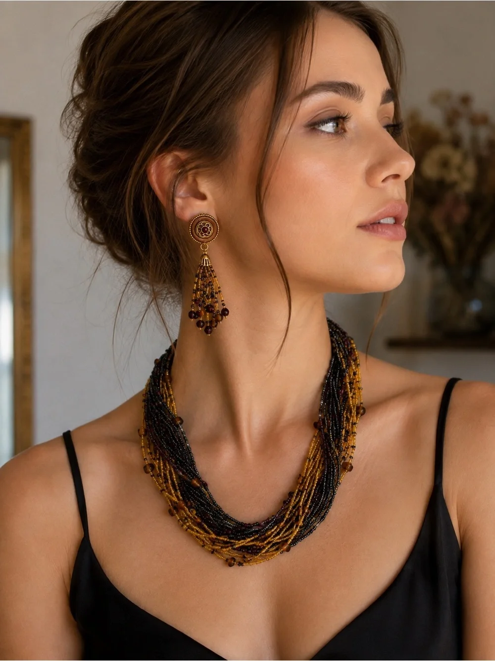 Vintage Multi-Strand Black & Gold Beaded Necklace & Clip-On Earrings Set